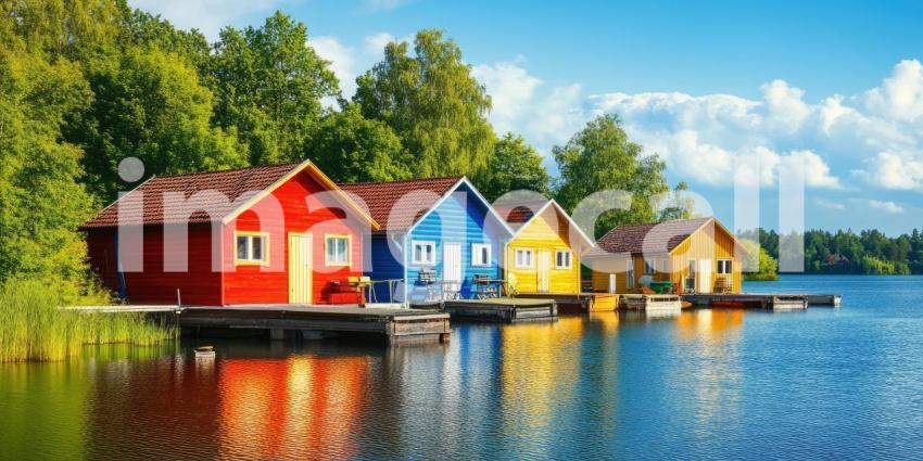 A Fjord of Colors: A row of brightly painted houses lines a tranquil fjord, nestled amidst towering mountains and a picturesque landscape.