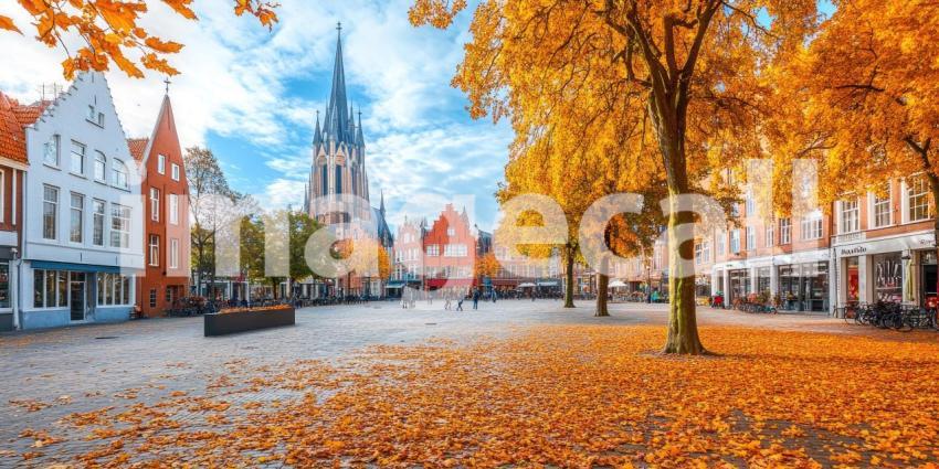 Autumn's Embrace: A charming European town square basks in the warm glow of autumn, leaves dancing in the breeze as the sun casts long shadows.