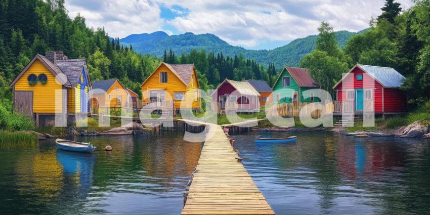 A Fjord of Colors: A row of brightly painted houses lines a tranquil fjord, nestled amidst towering mountains and a picturesque landscape.