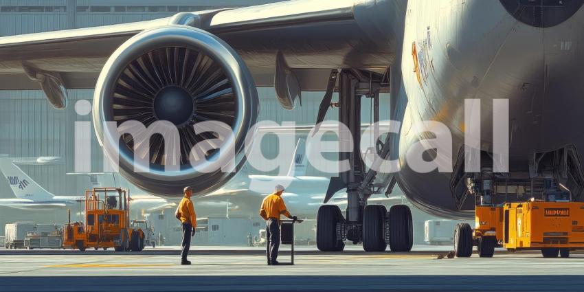 Pre-Flight Preparations: A team of aviation professionals meticulously inspect an aircraft engine, ensuring safety and readiness for take-off.