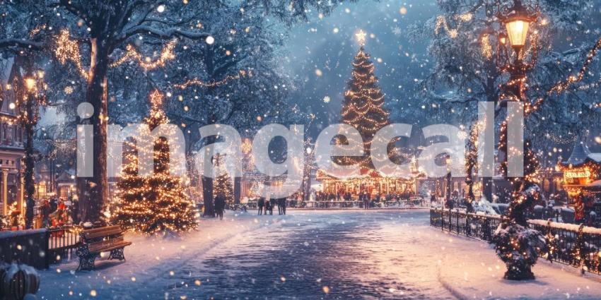 A Winter Wonderland: A picturesque town square comes alive with the magic of Christmas, adorned with twinkling lights, a majestic tree, and a blanket of fresh snow.