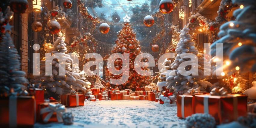 A Winter Wonderland: A picturesque town square comes alive with the magic of Christmas, adorned with twinkling lights, a majestic tree, and a blanket of fresh snow.