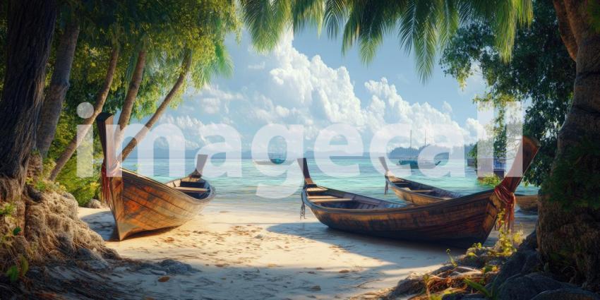 Serene Shores: Two wooden boats drift lazily in a tropical paradise, nestled between towering cliffs and a crystal-clear sea.
