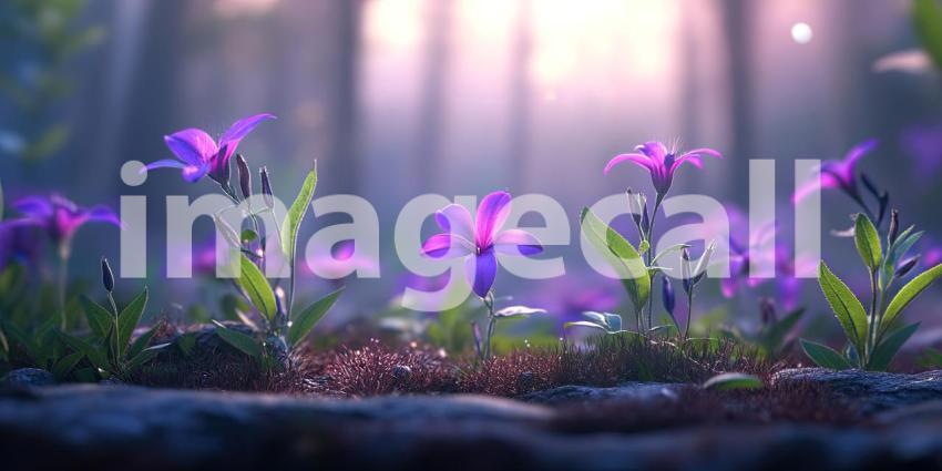 A Dreamlike Bloom: A Field of Flowers, Bathed in a Kaleidoscope of Colors, Shimmers Under a Twilight Sky, Creating a Scene of Enchanting Beauty.