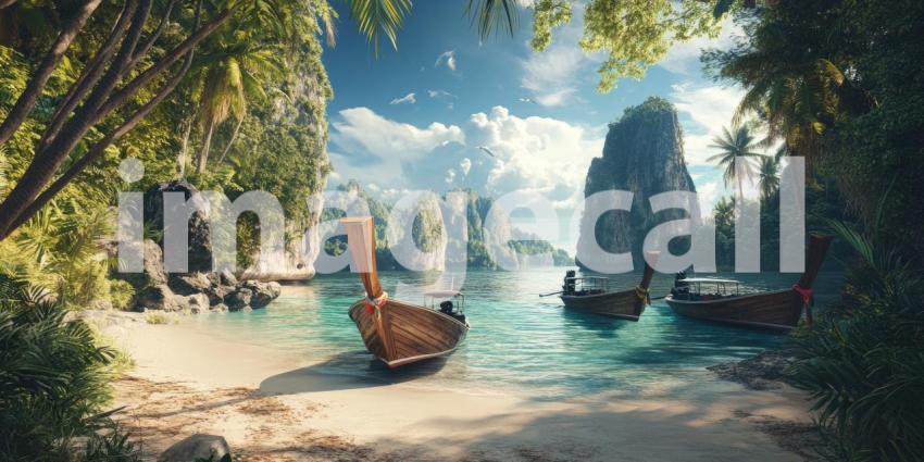 Serene Shores: Two wooden boats drift lazily in a tropical paradise, nestled between towering cliffs and a crystal-clear sea.