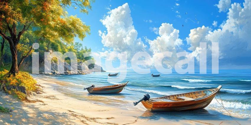 Serene Shores: Two wooden boats drift lazily in a tropical paradise, nestled between towering cliffs and a crystal-clear sea.