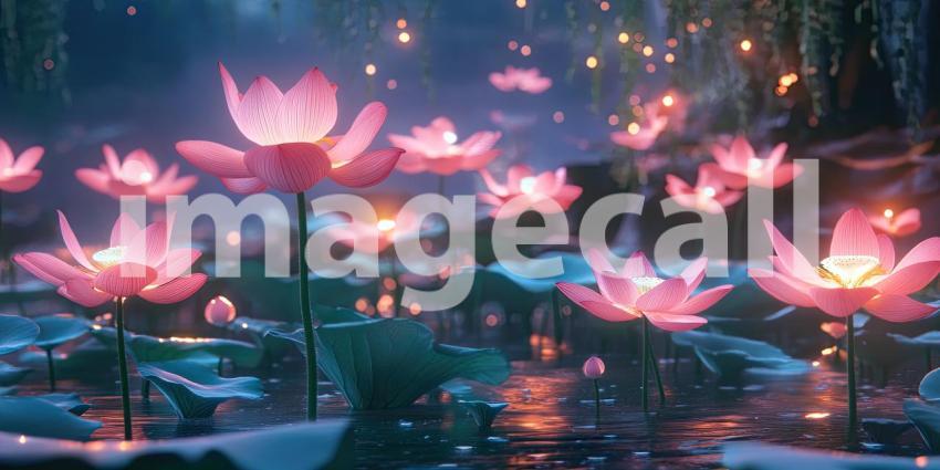 Enchanted Bloom: A luminous lotus flower, bathed in ethereal light, emerges from a mystical pond, casting a spell of wonder and tranquility.