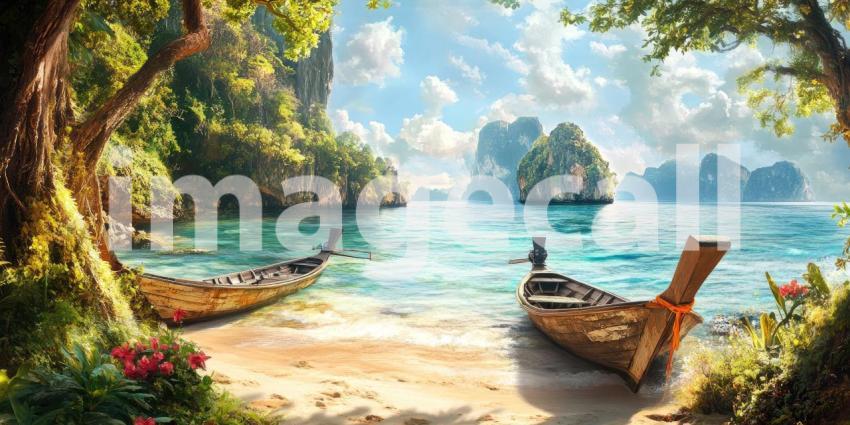 Serene Shores: Two wooden boats drift lazily in a tropical paradise, nestled between towering cliffs and a crystal-clear sea.