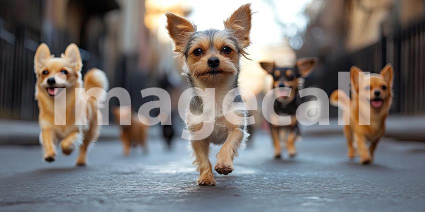 Pack of Pups on Patrol: A Group of Small Dogs Run Joyfully Down the Street