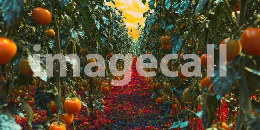 A Tomato Tapestry: Rows of Ripe Tomatoes Hang Heavy in a Greenhouse, a Vibrant Harvest of Color and Flavor.