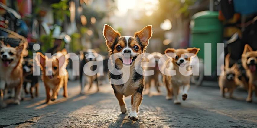 Pack of Pups on Patrol: A Group of Small Dogs Run Joyfully Down the Street