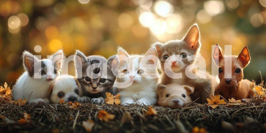 A Furry Posse: A Kitten, Puppies, a Bunny, and a Bird Strike a Pose.