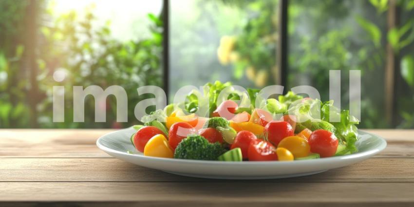 Fresh and Vibrant: A Colorful Salad of Vegetables on a Wooden Table