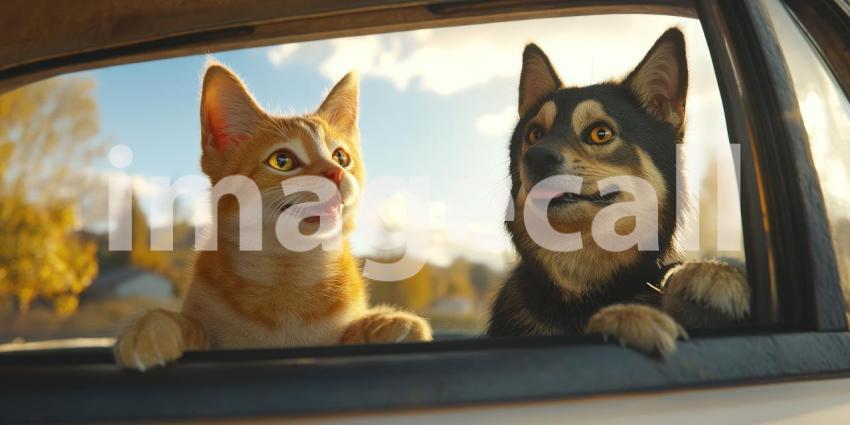 Road Trip Buddies: A Golden Retriever and a Curious Kitten Enjoy the Ride