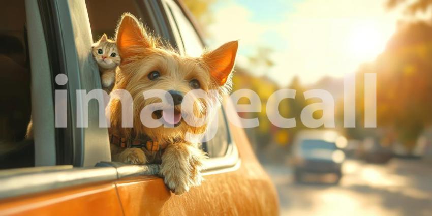 Road Trip Buddies: A Golden Retriever and a Curious Kitten Enjoy the Ride