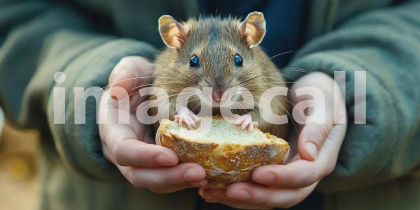 A Trusting Glance: A Brown Rat Reaches for a Piece of Bread Offered by Kind Hands