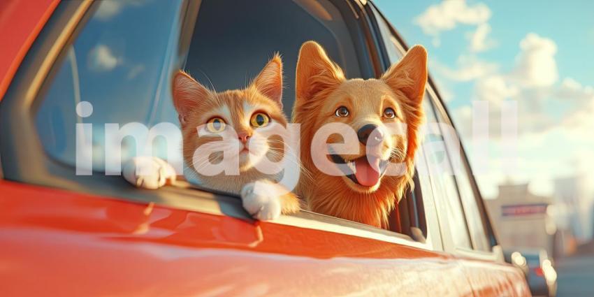 Road Trip Buddies: A Golden Retriever and a Curious Kitten Enjoy the Ride