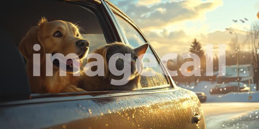 Road Trip Buddies: A Golden Retriever and a Curious Kitten Enjoy the Ride