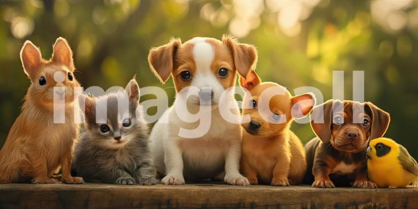 A Furry Posse: A Kitten, Puppies, a Bunny, and a Bird Strike a Pose.