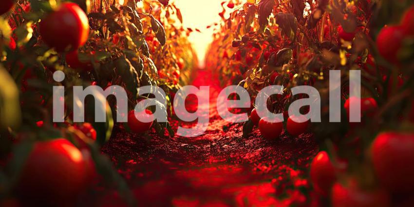 A Tomato Tapestry: Rows of Ripe Tomatoes Hang Heavy in a Greenhouse, a Vibrant Harvest of Color and Flavor.
