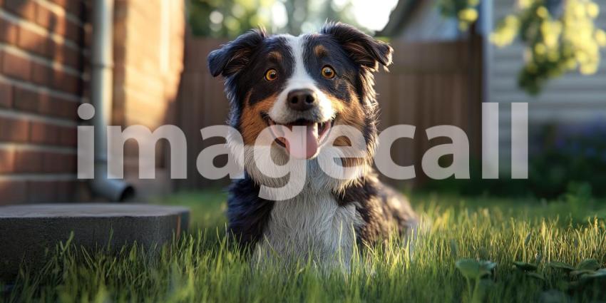 Joyful Canine Portrait: A Smiling Aussie Shepherd Basking in the Warm Sunlight