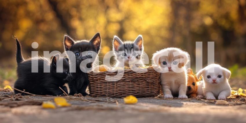 A Furry Posse: A Kitten, Puppies, a Bunny, and a Bird Strike a Pose.
