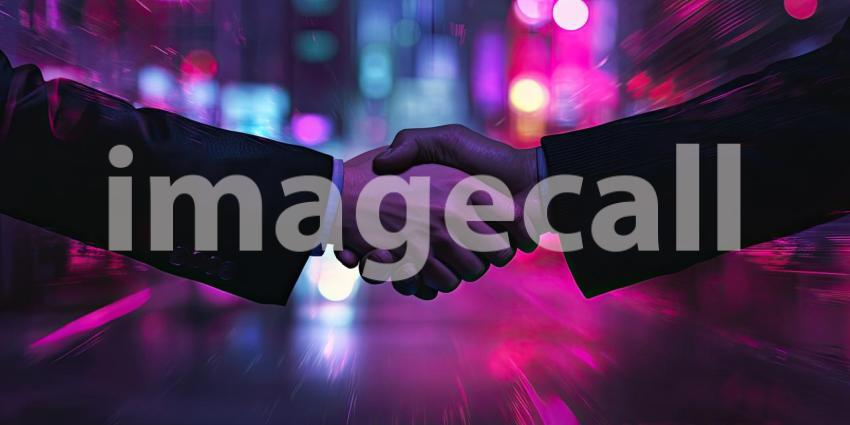 Neon-Illuminated Handshake: Formal Agreement in a Modern Business Setting