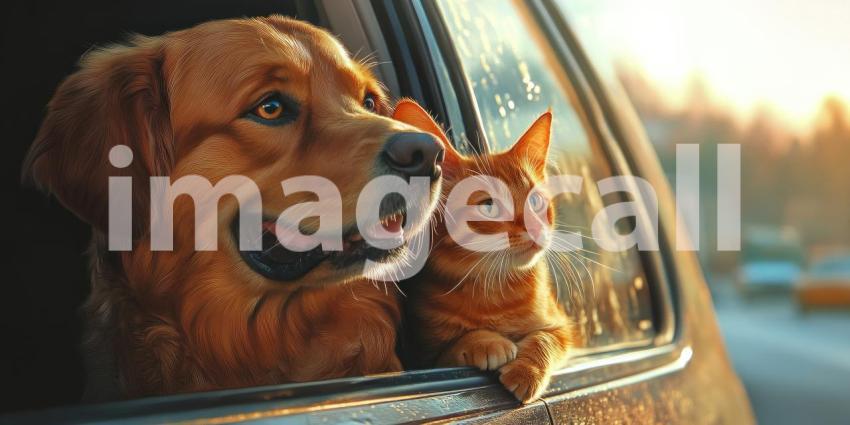 Road Trip Buddies: A Golden Retriever and a Curious Kitten Enjoy the Ride