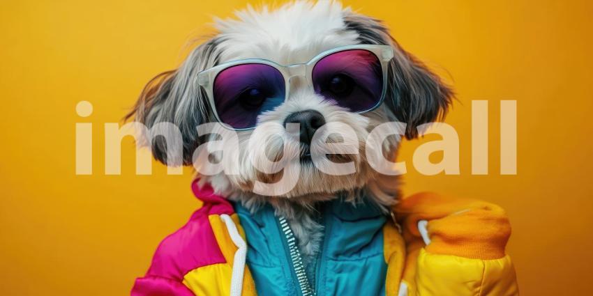 Cool Canine: A Stylish Dog in Sunglasses and a Sweater Strikes a Pose