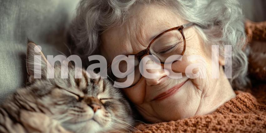Cozy Companionship: Sleeping Cat Nestled Against a Person in Knitted Garment with Warm Lighting