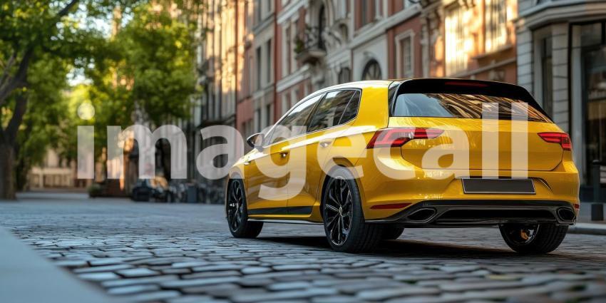 City Cruising: A Vibrant Car Navigates a Cobblestone Street