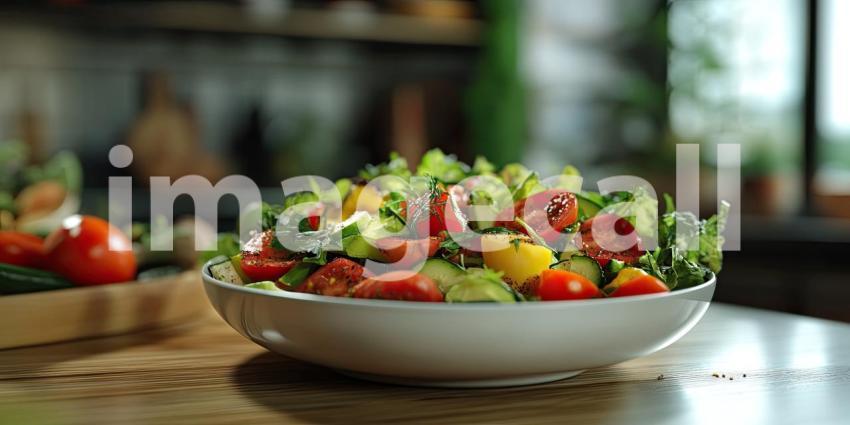 Fresh and Vibrant: A Colorful Salad of Vegetables on a Wooden Table