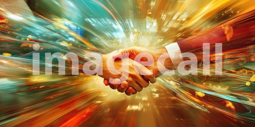 Neon-Illuminated Handshake: Formal Agreement in a Modern Business Setting