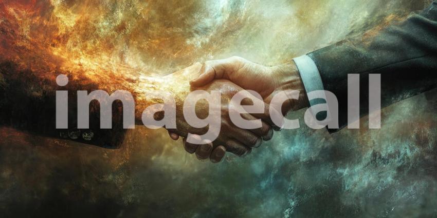 Neon-Illuminated Handshake: Formal Agreement in a Modern Business Setting