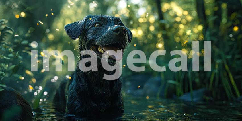 Joyful Canine Portrait: A Smiling Aussie Shepherd Basking in the Warm Sunlight