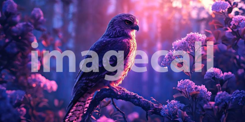 Silhouette of Solitude: A Hawk Perches on a Branch as the Sun Sets Over a Misty Forest