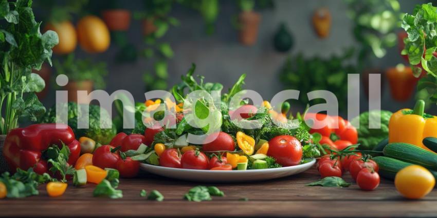 Fresh and Vibrant: A Colorful Salad of Vegetables on a Wooden Table