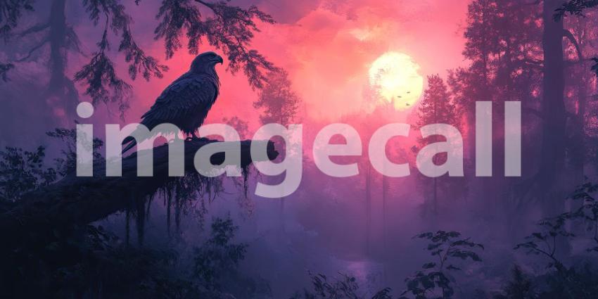 Silhouette of Solitude: A Hawk Perches on a Branch as the Sun Sets Over a Misty Forest