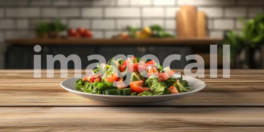 Fresh and Vibrant: A Colorful Salad of Vegetables on a Wooden Table