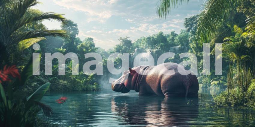 Nighttime Prowl: A Majestic Hippopotamus in a Dreamlike Jungle