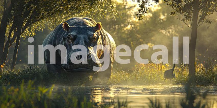 Nighttime Prowl: A Majestic Hippopotamus in a Dreamlike Jungle