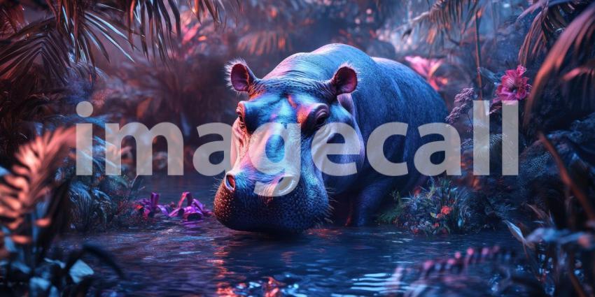 Nighttime Prowl: A Majestic Hippopotamus in a Dreamlike Jungle