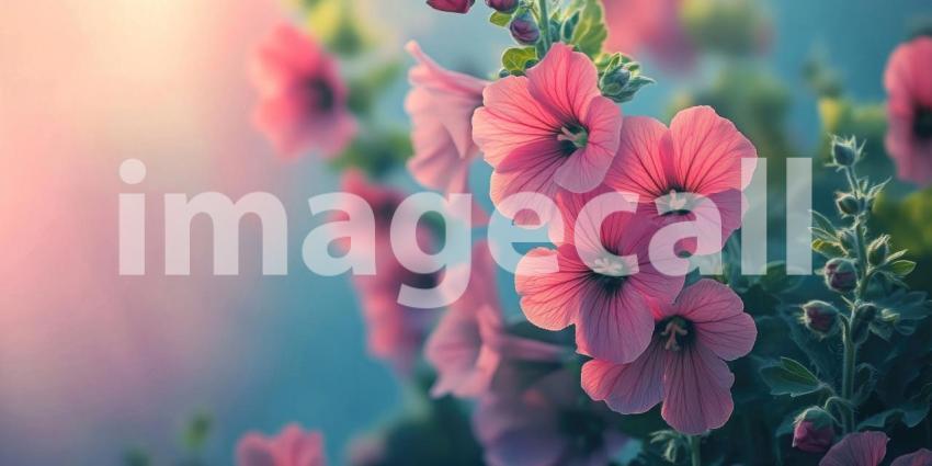 Soft Focus Blooms: Delicate Pink Flowers Bathed in Golden Light