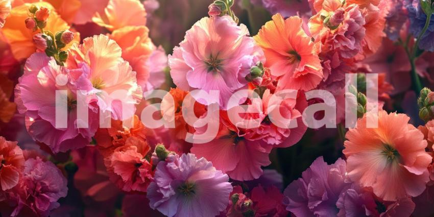 Soft Focus Blooms: Delicate Pink Flowers Bathed in Golden Light