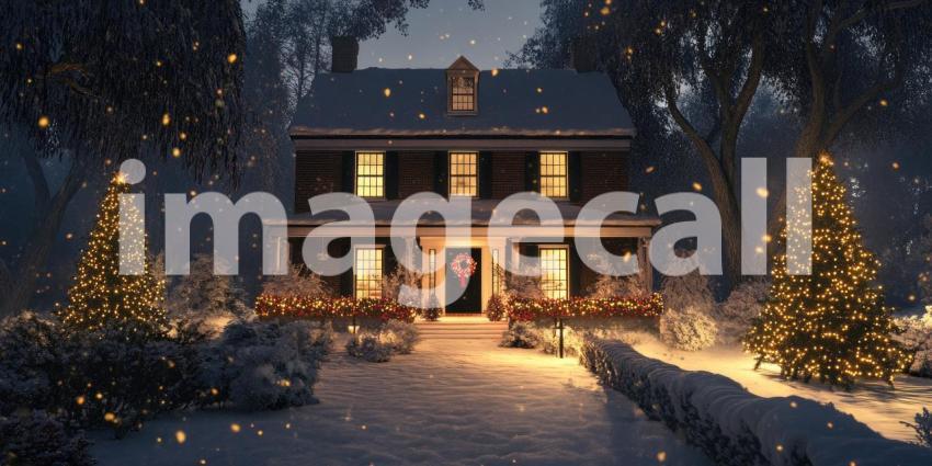 Festive Winter Home: A Cozy House Adorned with Christmas Lights and Snow