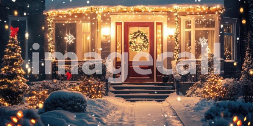 Festive Winter Home: A Cozy House Adorned with Christmas Lights and Snow