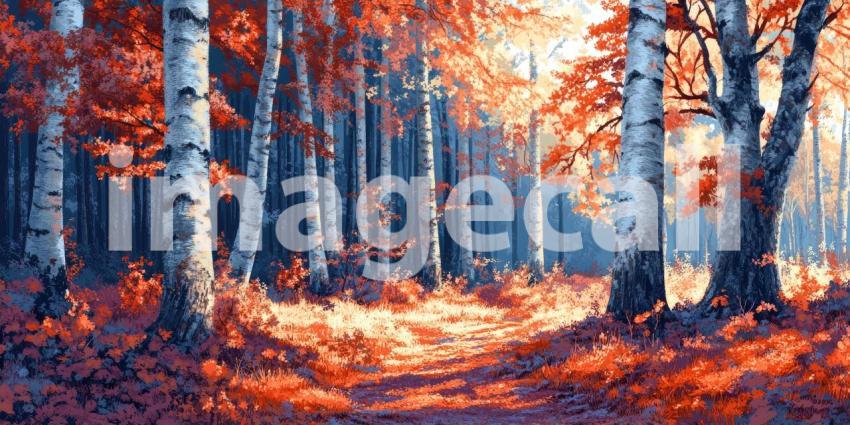 Autumnal Enchantment: A Path Winds Through a Forest of Crimson Birch Trees