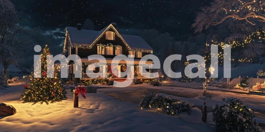 Festive Winter Home: A Cozy House Adorned with Christmas Lights and Snow