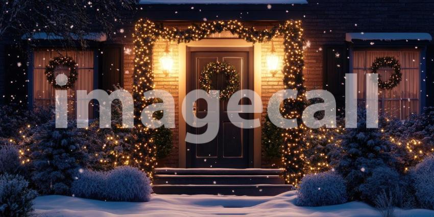 Festive Winter Home: A Cozy House Adorned with Christmas Lights and Snow