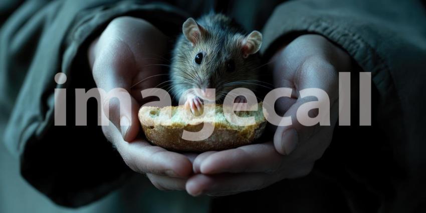 A Trusting Glance: A Brown Rat Reaches for a Piece of Bread Offered by Kind Hands